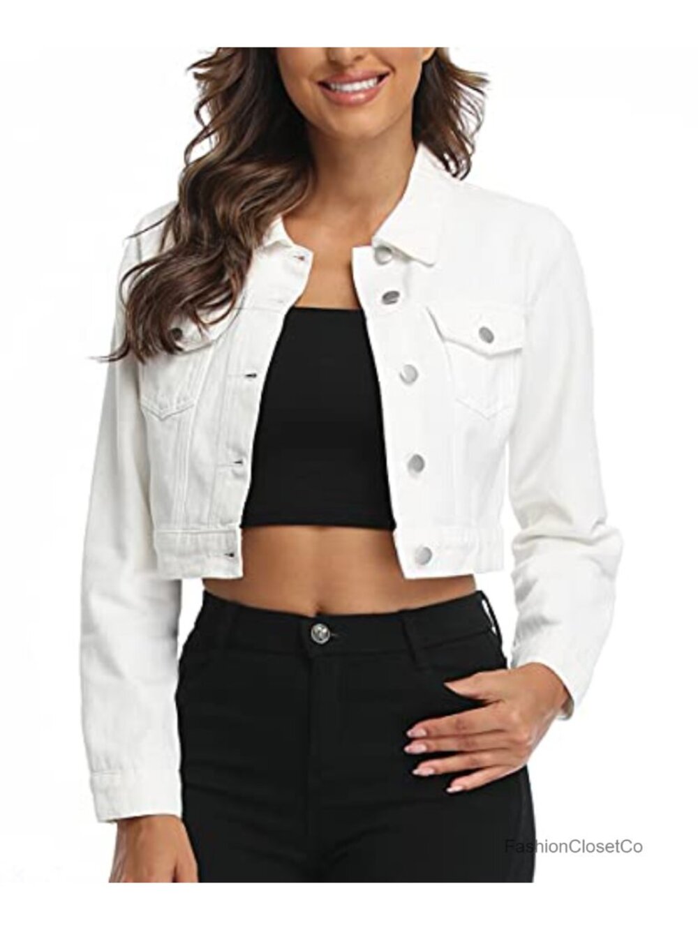 PEIQI Cropped Denim Jacket Button Down Long Sleeve Chest Pockets Classic Fit